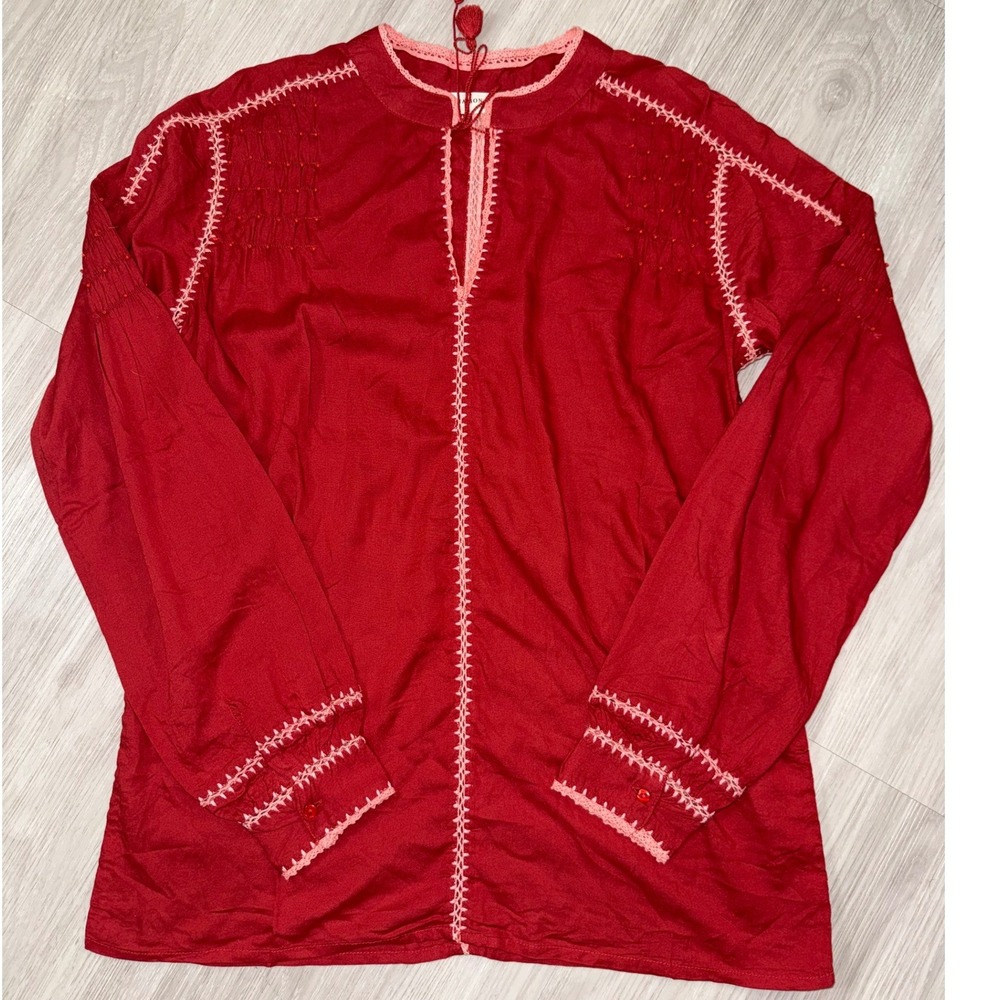 Maison Hotel Red Embroidered Beaded Peasant Blouse Tassel Tie Top XS